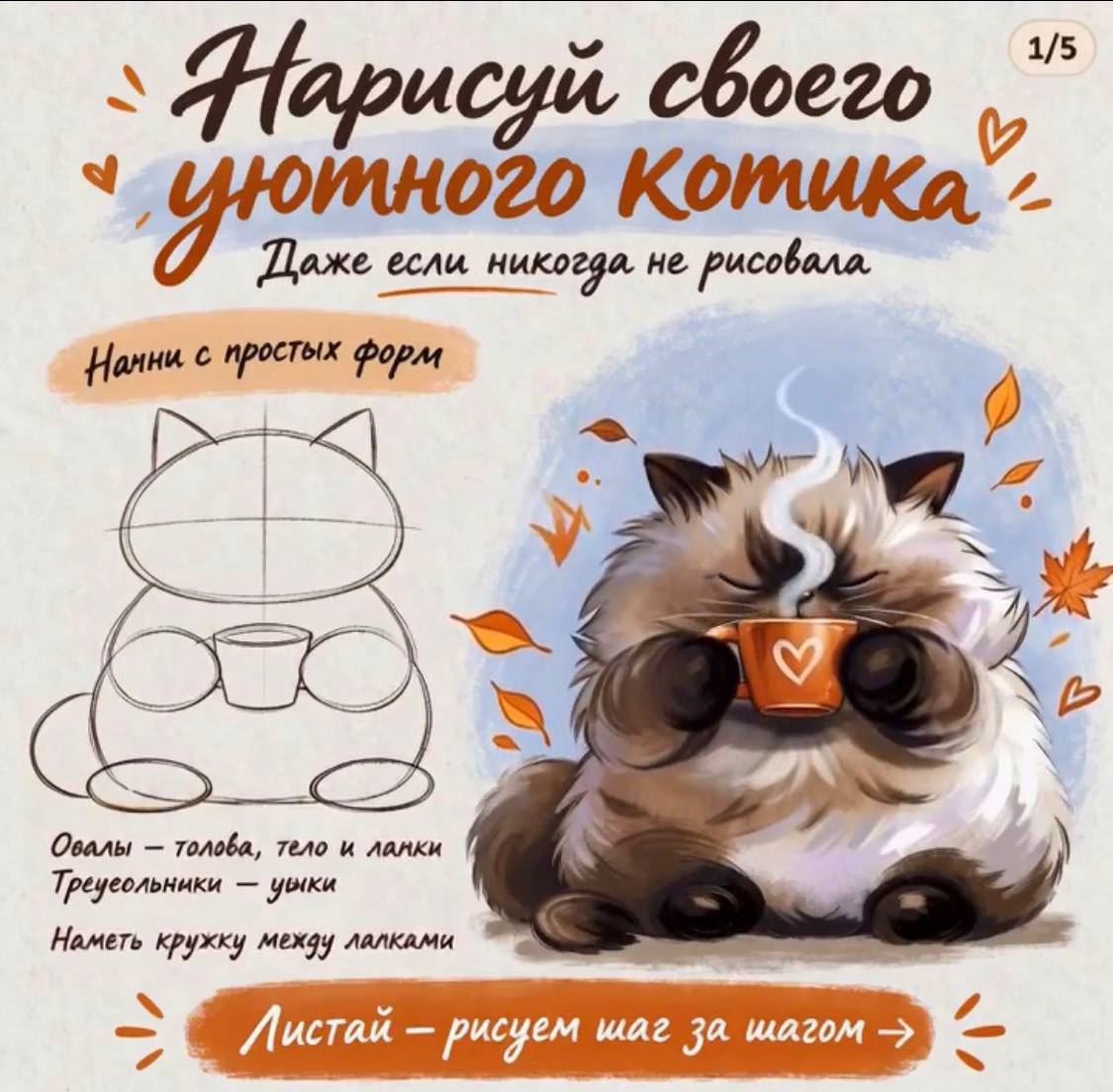 Нарисуй своего уютного котика, даже если никогда не рисовала: слева схема из простых форм — овалы головы, тела и лапок, треугольники ушек, кружка между лапками; справа готовый кот с чашкой кофе