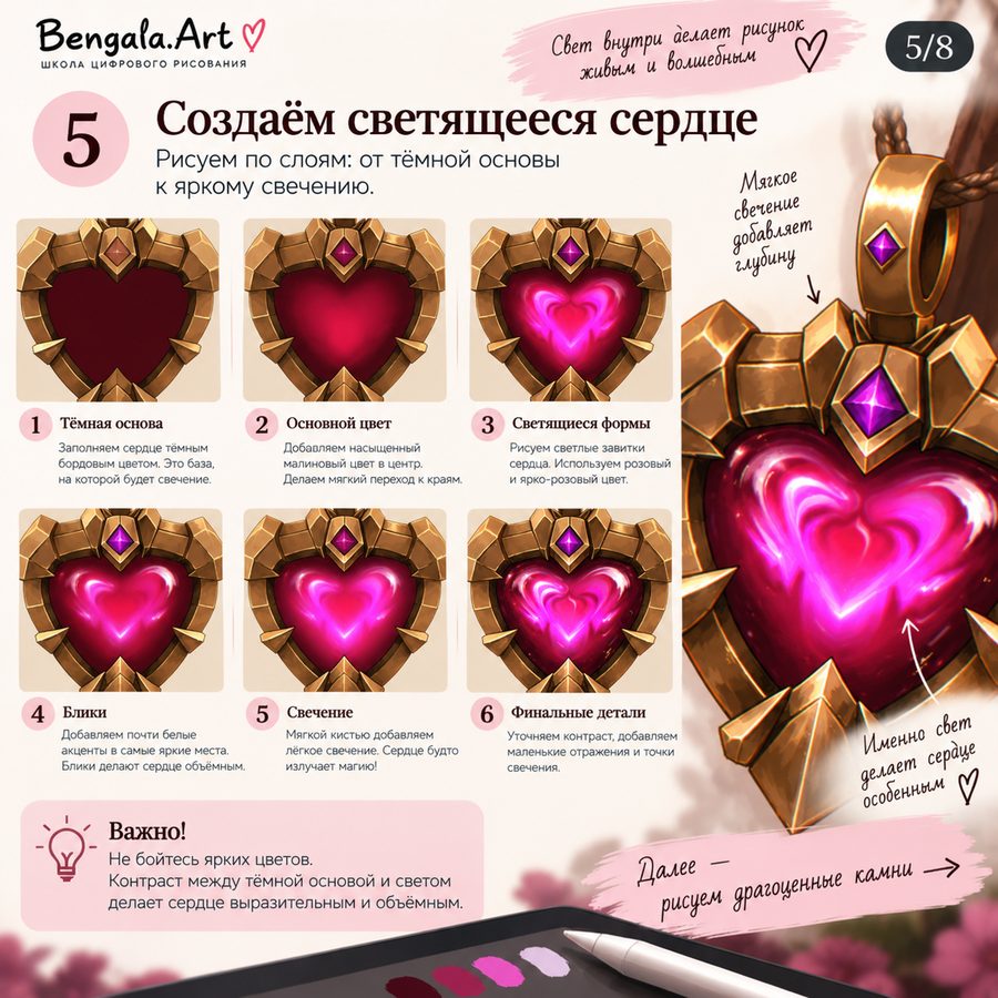 Этап 5: шесть шагов свечения сердца — от тёмной основы до финальных бликов