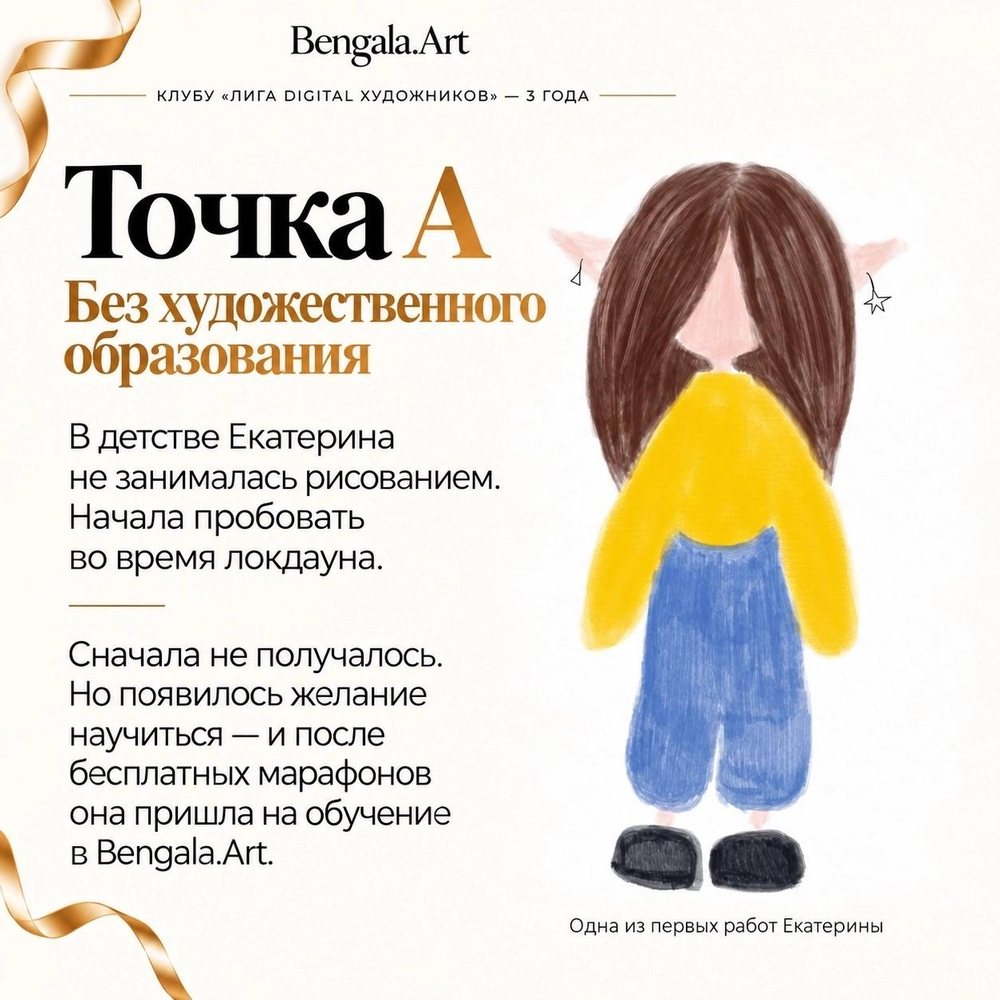 Карточка «Точка А. Без художественного образования»: в детстве Екатерина не занималась рисованием, начала во время локдауна; одна из её первых работ — простой рисунок девочки в жёлтом свитере