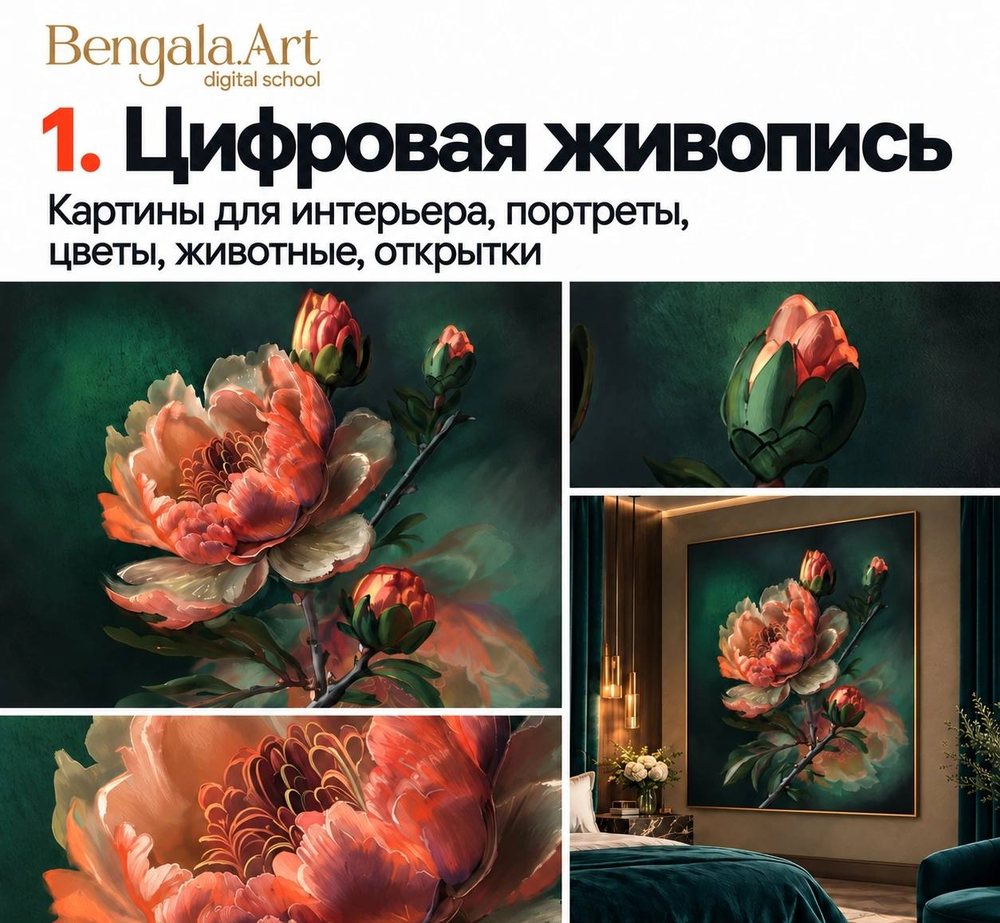 Карточка «1. Цифровая живопись: картины для интерьера, портреты, цветы, животные, открытки» — цифровая картина с коралловыми пионами на тёмно-зелёном фоне, её фрагменты и та же картина на стене спальни