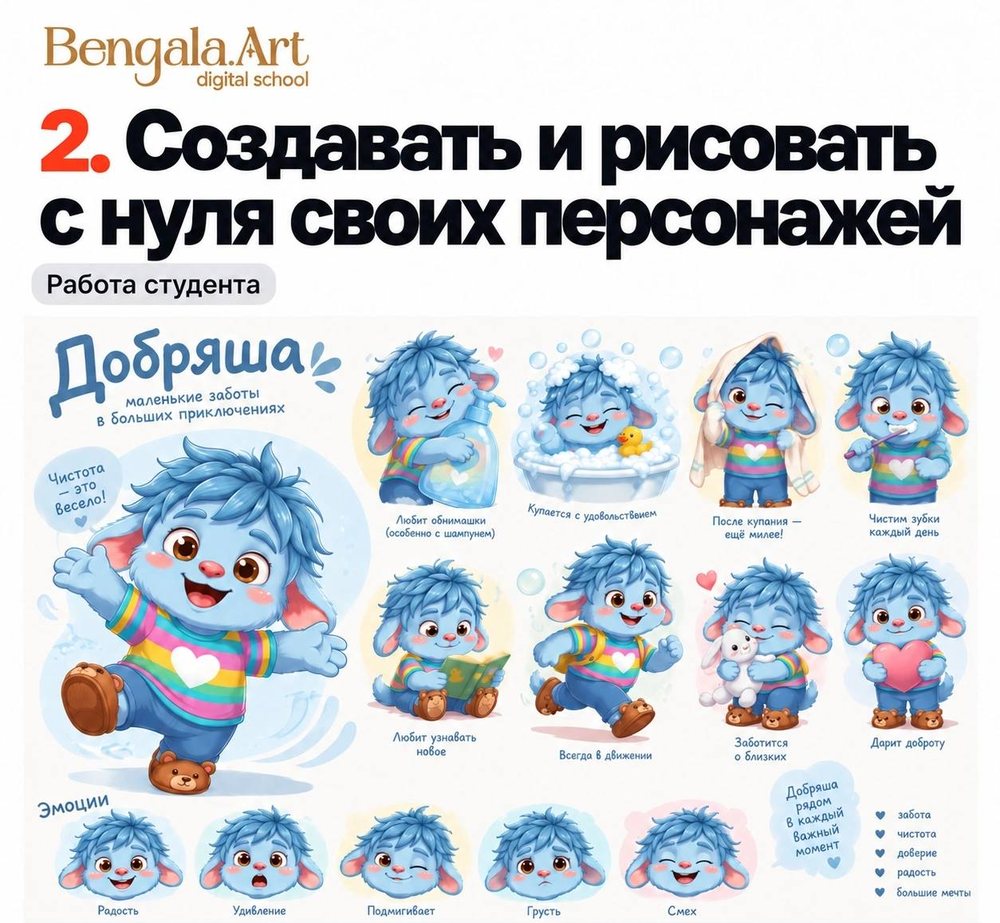 Карточка «2. Создавать и рисовать с нуля своих персонажей», работа студента: голубой пушистый персонаж «Добряша» в разных сценах — купается, чистит зубы, читает — и с разными эмоциями