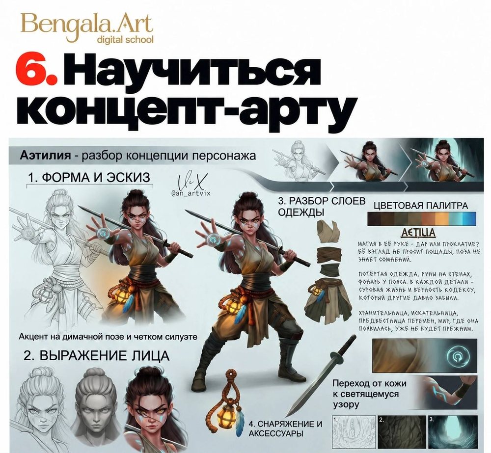 Карточка «6. Научиться концепт-арту» — разбор концепции персонажа Аэтилии: эскиз, выражение лица, слои одежды, снаряжение и цветовая палитра девушки-воительницы с мечом